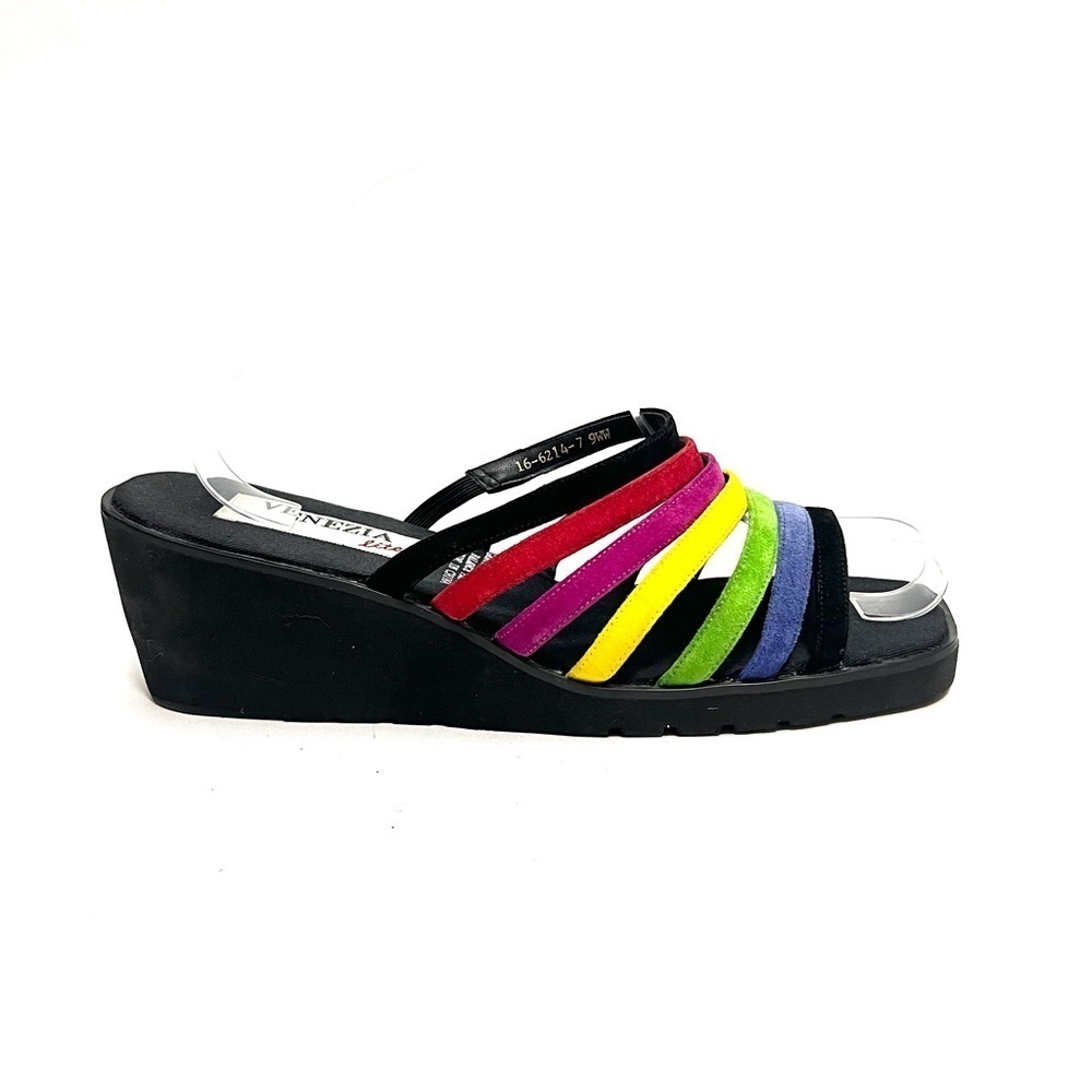 Vintage 1990s rainbow suede strappy platform wedge sandals